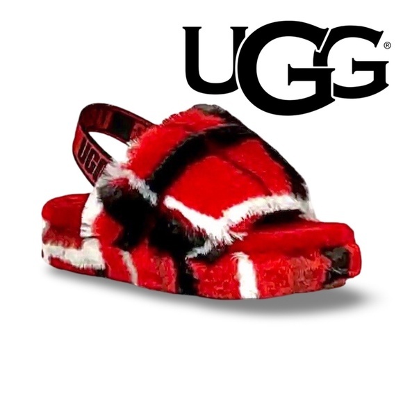 Other - UGG COA Youth ''Plaid Punk Red'' Fluff Yeah Slide Slippers Size 4